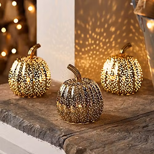 Lights4fun Set of 3 Gold Mottled Glass LED Light Up Pumpkins for Autumn and Halloween Decoration – 2