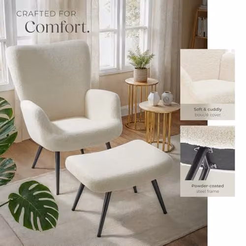 tectake Scandi Style Armchair with Ottoman in Cream Bouclé and Black Metal Legs – 5