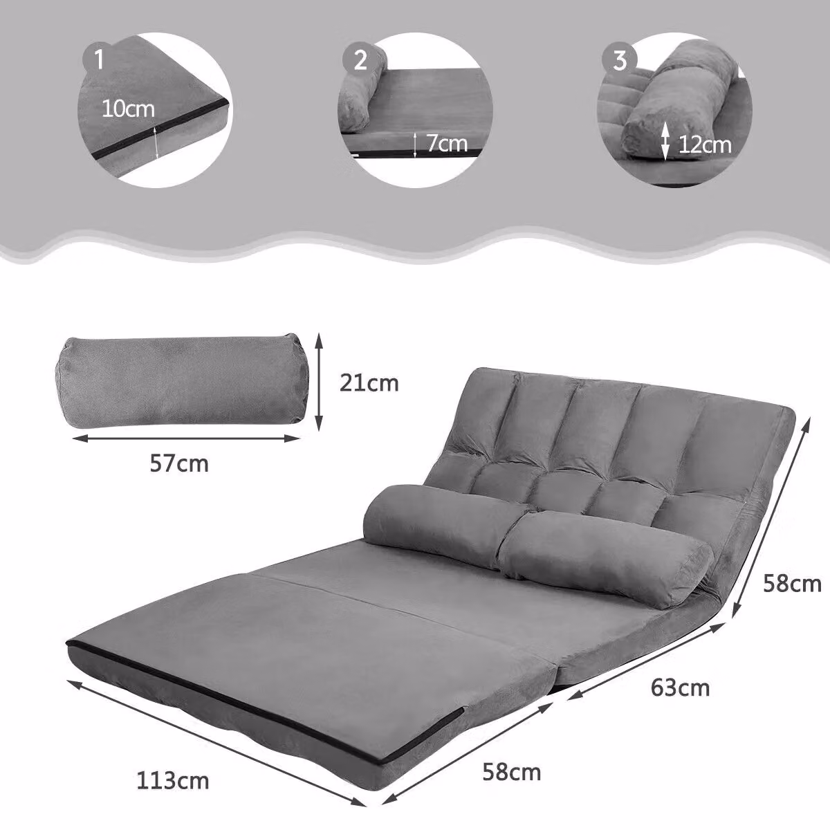 Gymax Grey Microfibre Folding Sofa Bed with 6-Position Adjustable Back and Metal Frame – 2
