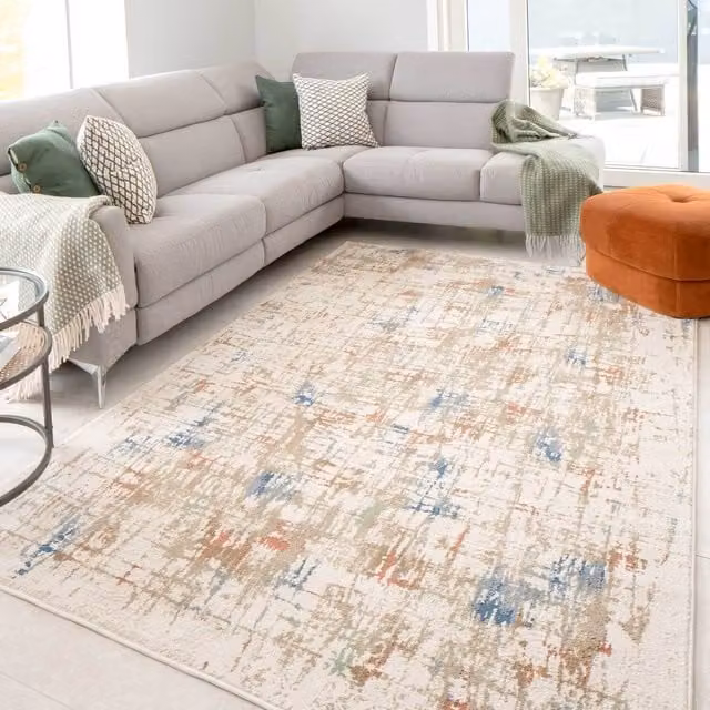 The Rug House Abstract Modern Living Area Rug in Multicolour Beige and Blue, W: 150 cm, D: 80 cm
