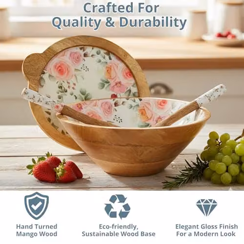 Hartsmede Handmade Mango Wood Salad Serving Bowl with Lid and Multicolour Floral Enamel Interior – 2