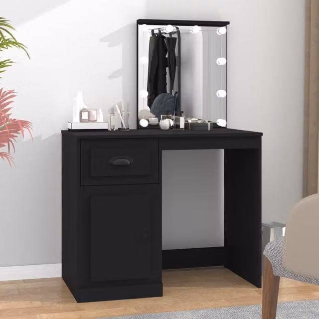 Berkfield Home Black Hollywood LED Dressing Table in Engineered Wood W/D/H: 90 x 50 x 132.5 cm