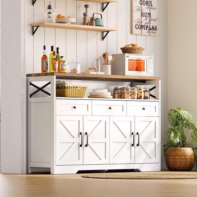 Rolipo Farmhouse Sideboard White Coffee Bar Cabinet with Storage Drawers