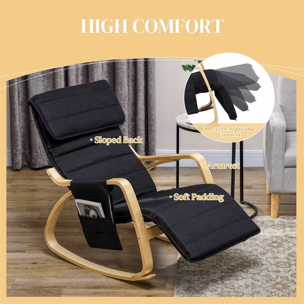 Kelvenix Modern Black Linen Rocking Lounge Chair with Birch Wood and Metal Frame – 3