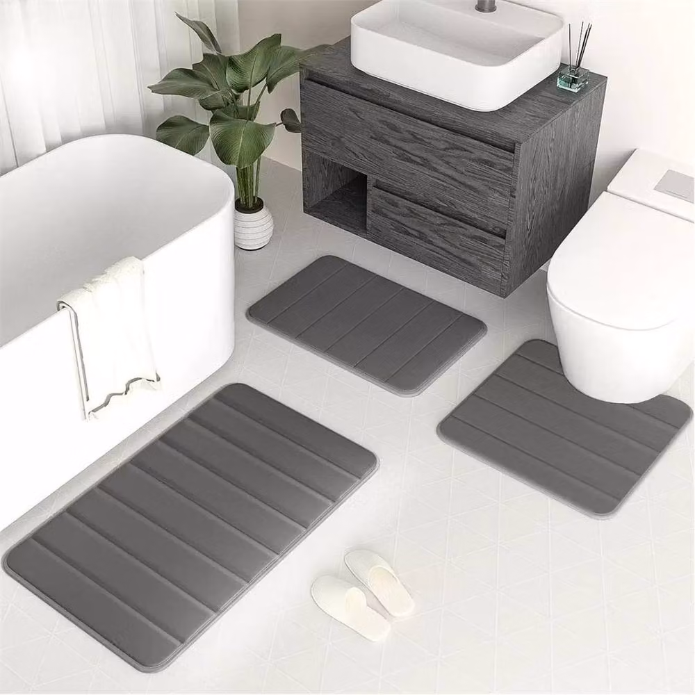 FLAVORA Grey 3-Piece Striped Memory Foam Bath Mat Set, Non-Slip and Quick-Drying – 2