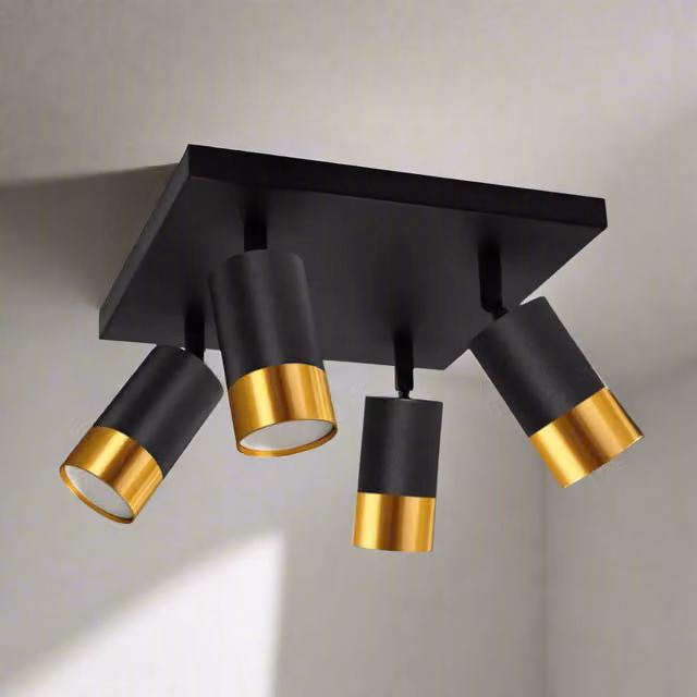 CGC PUZON Adjustable Four Head Aluminium Ceiling Spotlight in Black and Gold/Brass