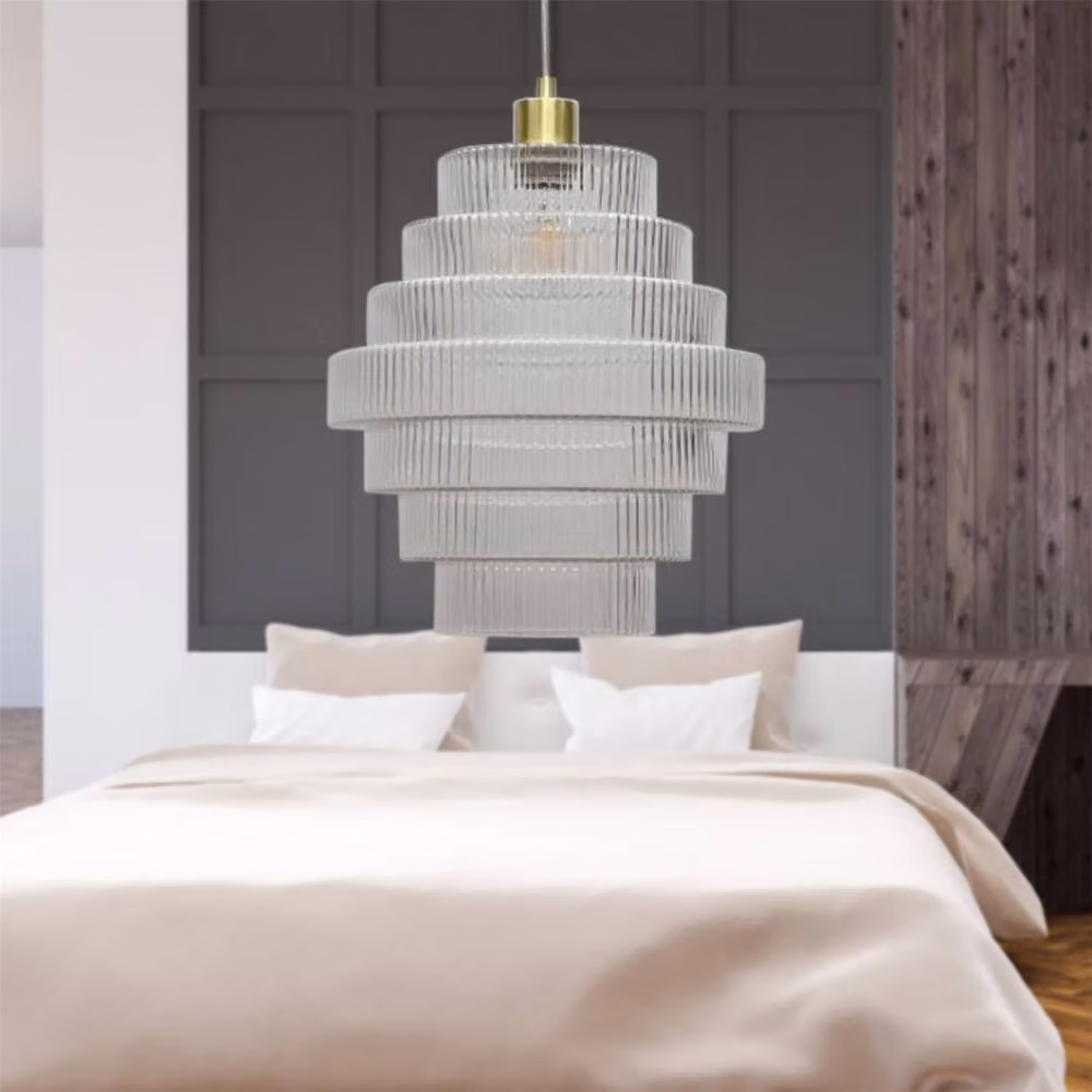 First Choice Lighting Benson Set of 2 Tiered Large Glass Ceiling Pendant Lights in Satin Brass and Clear – 3