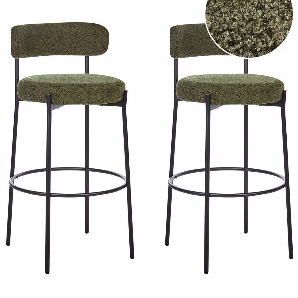 Wyld Haus Set of 2 Dark Green Boucle Armless Bar Stools with Matt Metal Legs – 2