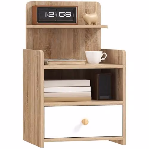 HOMCOM Bedside Table with Drawer in White Natural Wood Effect, W/D/H: 40 x 35 x 60 cm – 1