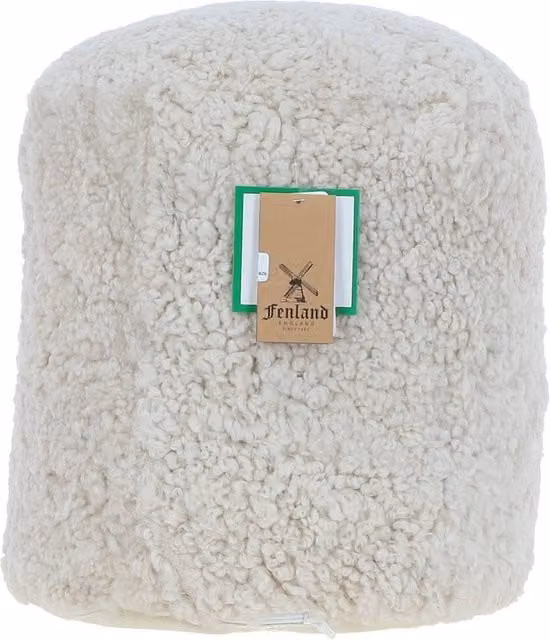 Fenland England Real Sheepskin Wool Pouffe Stool in Natural Beige, W/D/H: 35 x 35 x 35 cm