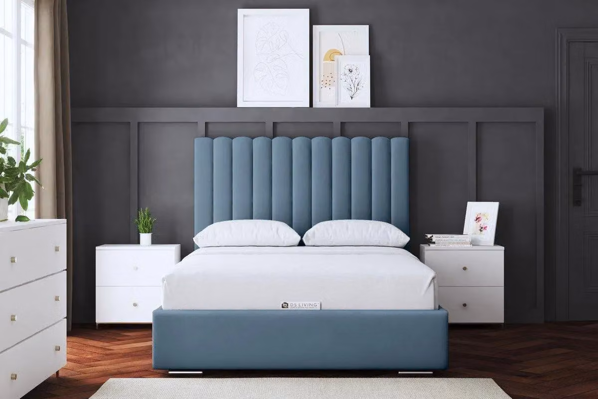 DS Living Evangaline Metallic Blue Panel Ottoman Bed with Headboard, Double, 150 x 210 cm – 2