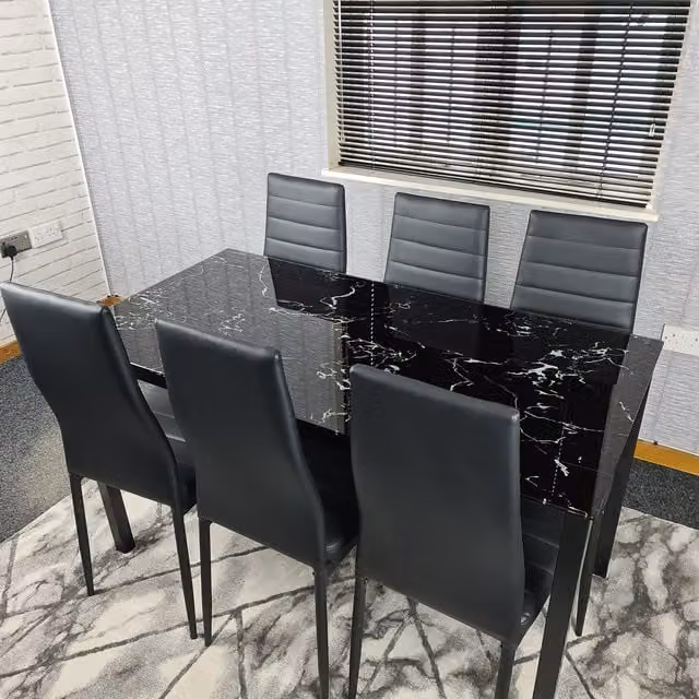 KOSY KOALA Modern Black Marble Effect Glass Dining Table and 6 Brown Leather Chairs Set – 1