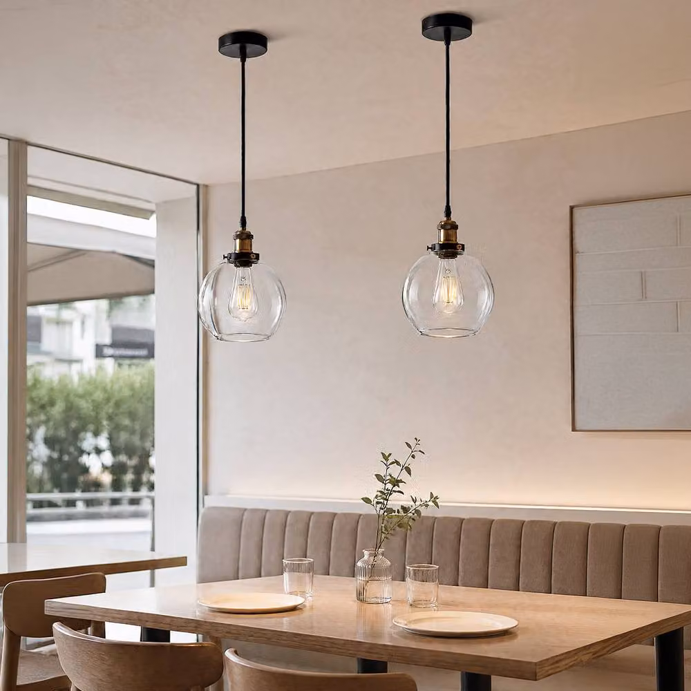 Emitto Retro Industrial Adjustable Glass Sphere Pendant Light in Black and Transparent – 2