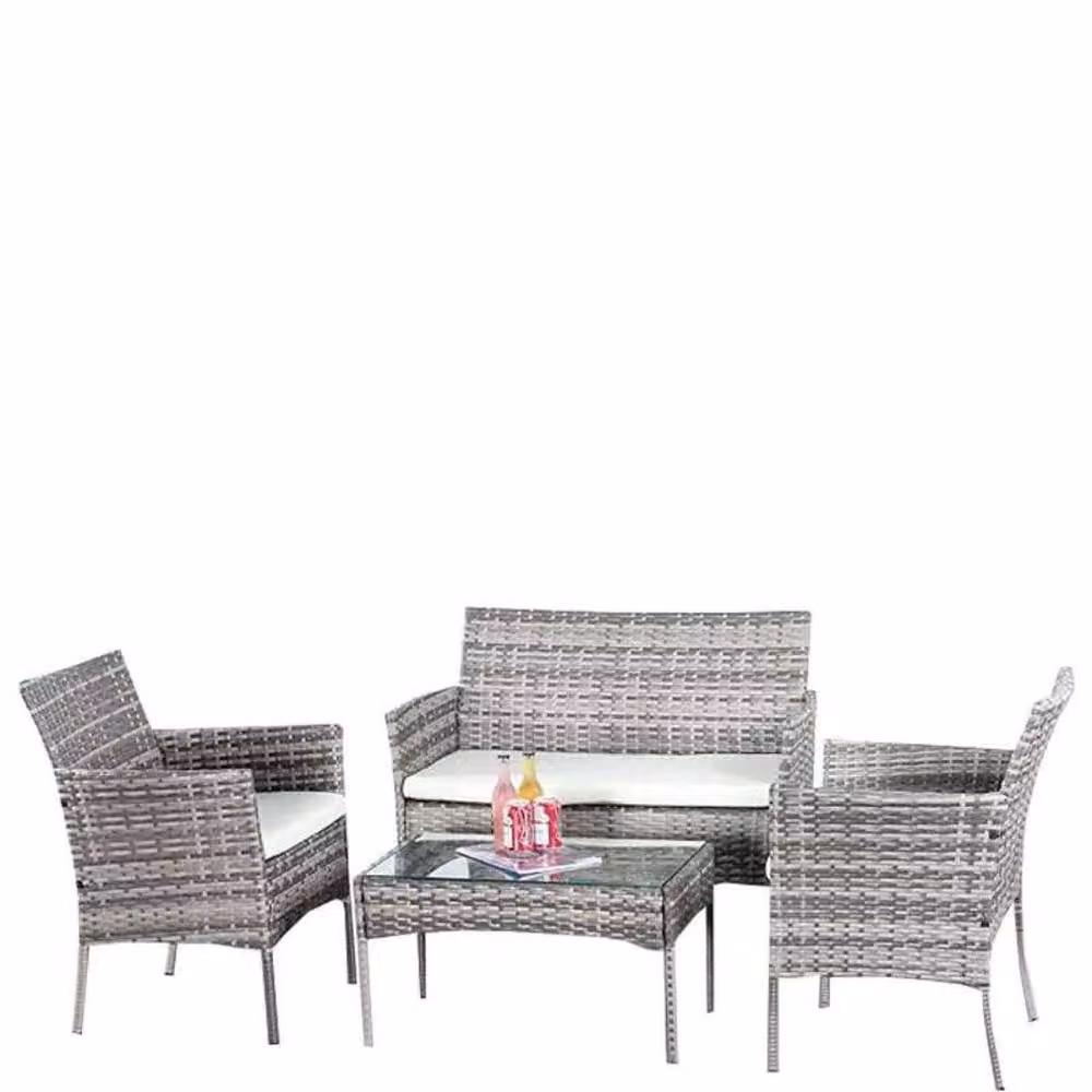 FLAVORA Grey Polyrattan Garden Furniture Set with Upholstered Lounge Armchair and Outdoor Coffee Table – 3