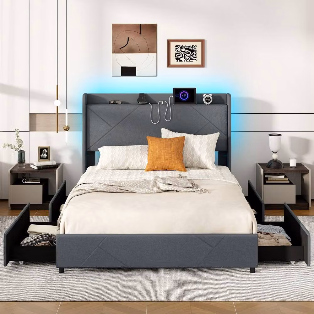 Gymax Upholstered King Size Bed Frame in Grey with LED Lights, USB Charging Port and Storage Drawers, W/D/H: 180 x 200 x 193 cm – 4