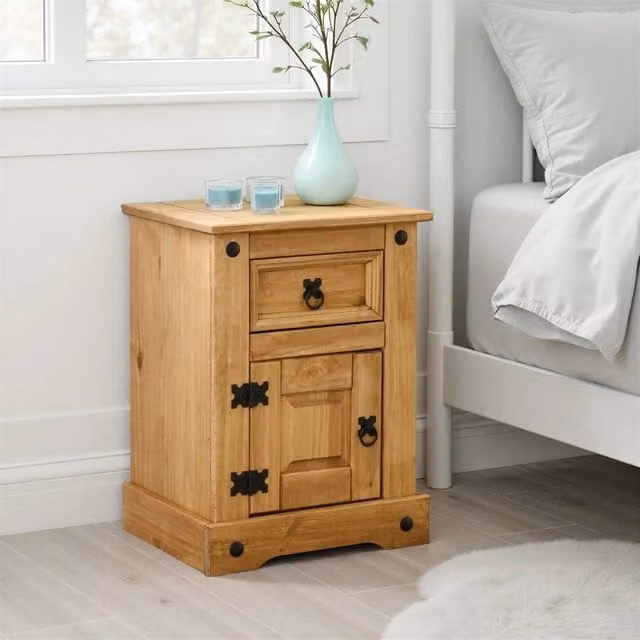 FORGEVIO Rustic Mexican Waxed Pine Bedside Table with 1 Door and 1 Drawer in Beige – 1
