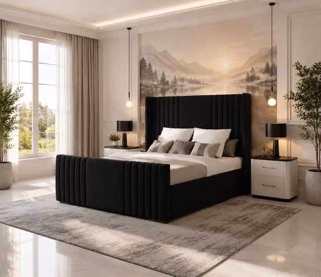 K Mehmood Enterprise Ltd Luxury Modern Upholstered Divan Bed Set with Mattress and Headboard in Black, W/D/H: 150 x 200 cm