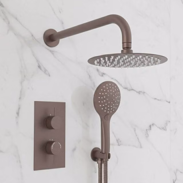 Bathroom Kingdom Avon Brushed Bronze Thermostatic Exposed Shower Set with 250mm Rain Overhead Shower and Hand Shower