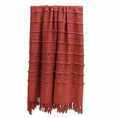 Riva Home Woven Striped Cotton and Polyester Throw with Fringes, Red, W: 140 cm, D: 180 cm – 1