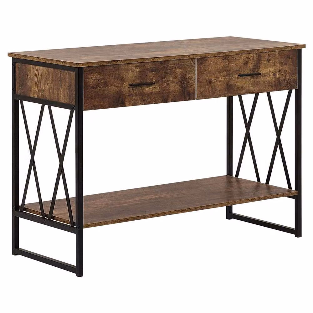 Wyld and Coco Industrial Console Table with 2 Drawers and Open Shelf, Dark Brown and Black, W/D/H: 107 x 46 x 76 cm – 2