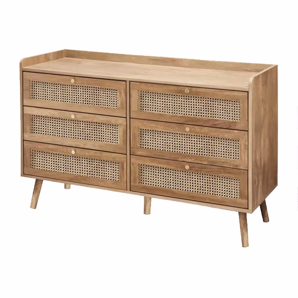 CALICOSY Palmo 6-Drawer Chest with Natural Rattan Fronts in Light Brown, W: 120 cm – 4