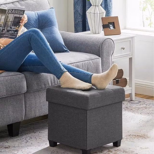 SONGMICS Grey Foldable Storage Ottoman and Foot Rest, W/D/H: 38 x 38 x 38 cm