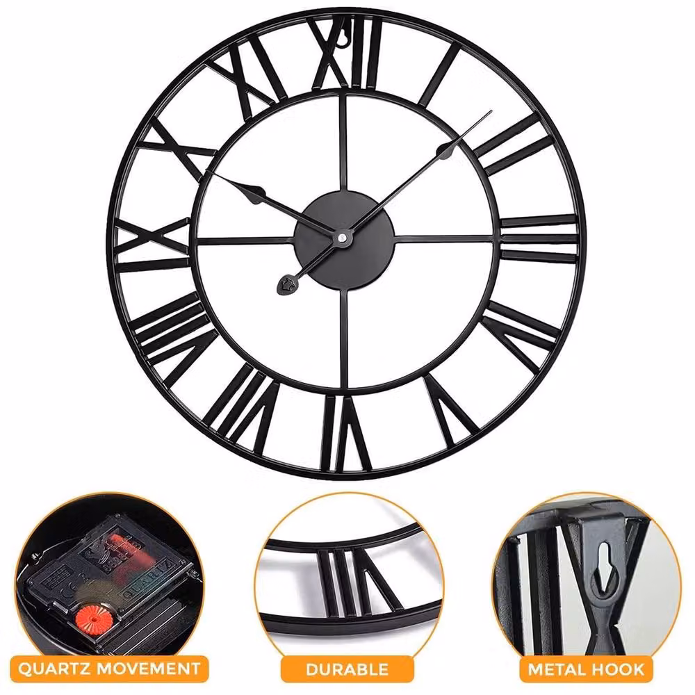 Kelvenix Large Round Roman Analog Metal Garden Wall Clock in Black – 3