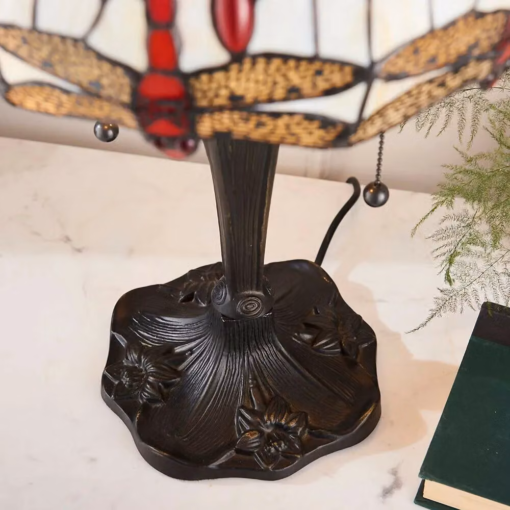 Loops Tiffany Glass Table Lamp with Red Dragonfly Shade in Dark Bronze and Multicolour – 4