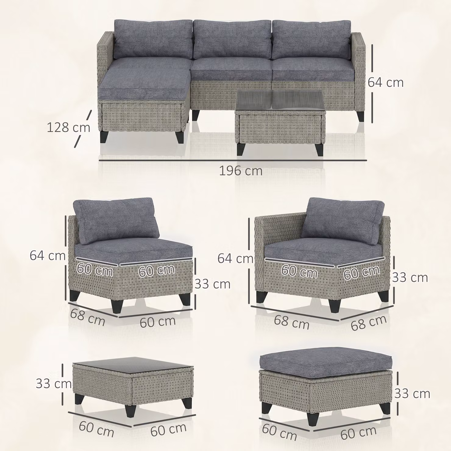 Outsunny 5-Piece L-Shape Rattan Patio Furniture Set in Dark Grey with Corner Sofa, Ottoman, and Coffee Table – 3