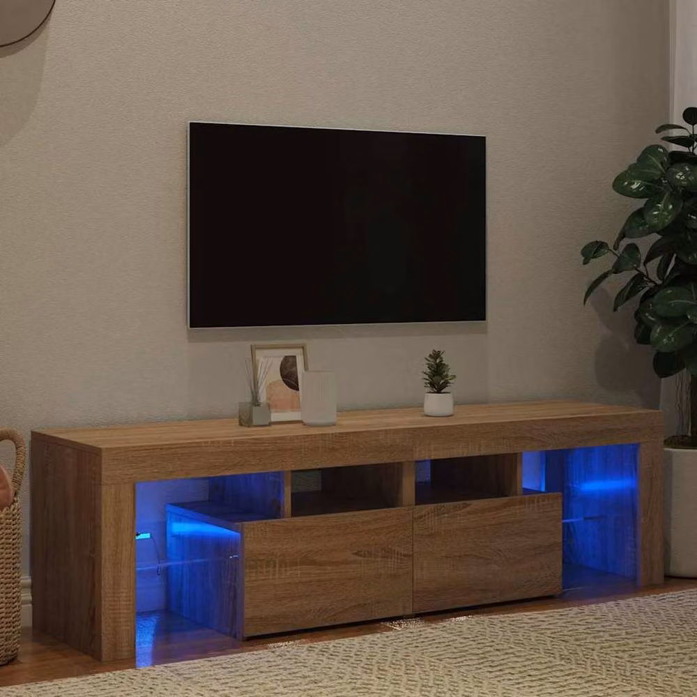 Berkfield Home Modern TV Cabinet with LED Lights in Sonoma Oak and Beige, W: 140 cm, D: 36.5 cm, H: 40 cm – 2