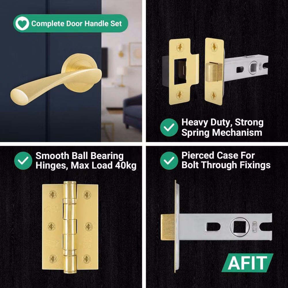 AFIT Novi Satin Brass Door Handle Rose, Latch and Hinges Set in Gold, Rosette Diameter: 100 mm – 5