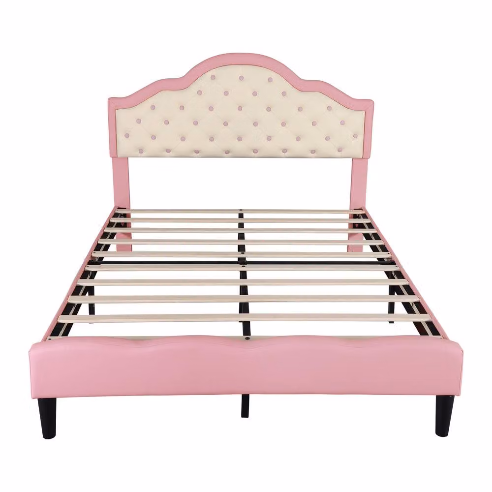 BTM Pink and Beige Upholstered Single Bed with Faux Leather Finish, W/D/H: 90 x 200 cm – 3