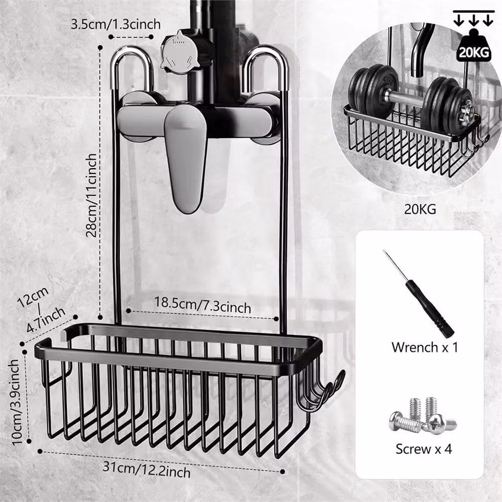 Nordara Black Rustproof Aluminium Shower Caddy Hanging Storage Organiser with Hooks – 2