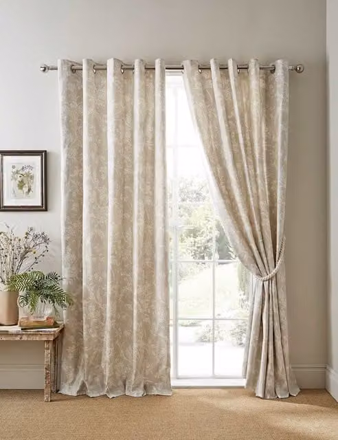 Laura Ashley Lloyd Floral Pure Cotton Eyelet Curtains, Grey, H: 183 cm, W: 168 cm