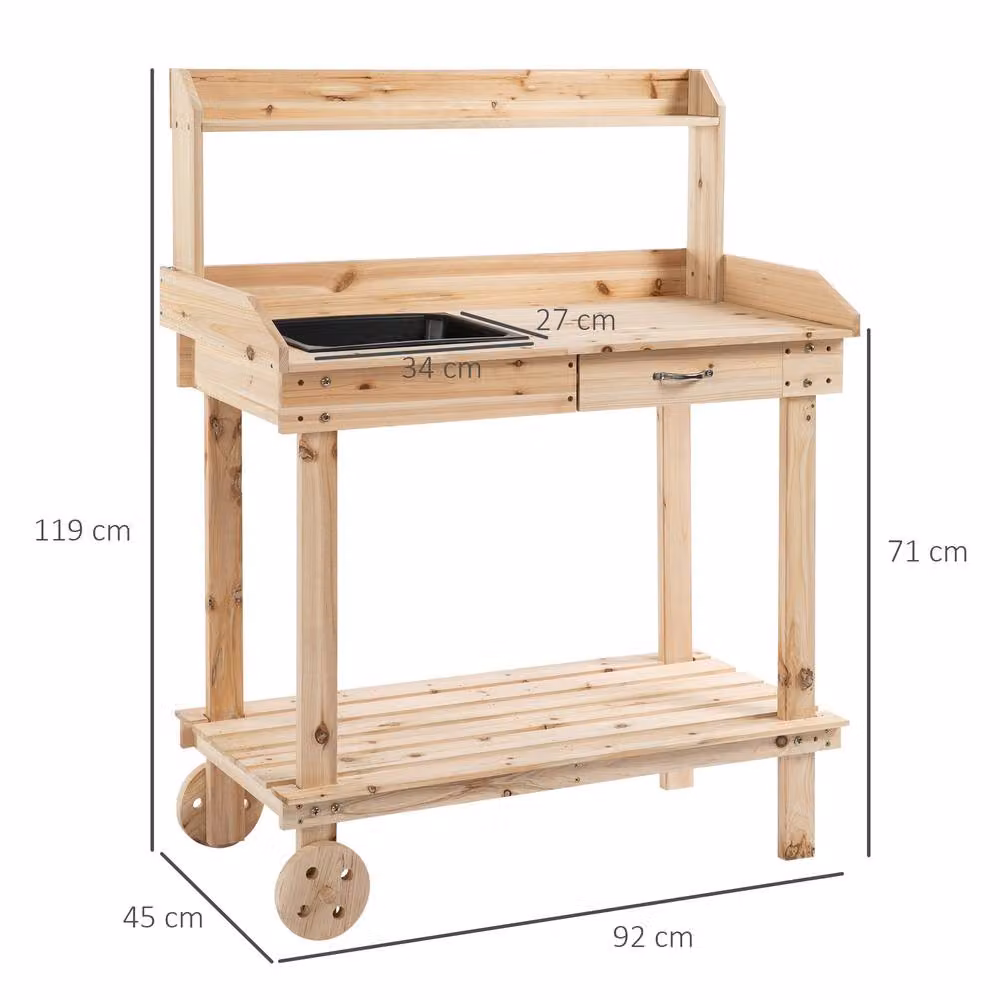 OUTSUNNY Wood Potting Bench Work Table with 2 Wheels and Drawer, Natural, W/D/H: 92 x 45 x 119 cm – 2