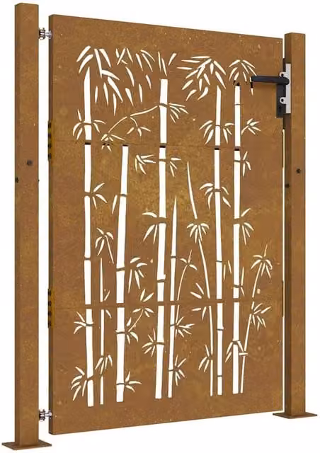 Berkfield Home Garden Gate in Brown Corten Steel with Bamboo Design, W: 105 cm, H: 130 cm
