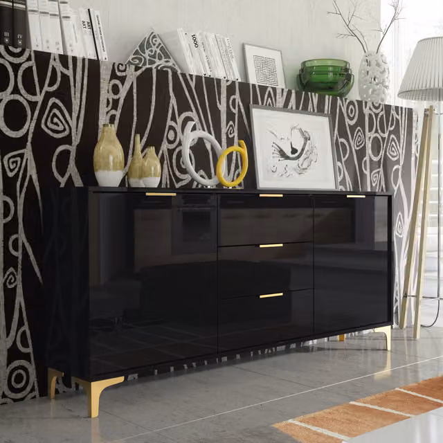 Creative Furniture Luxe Modern Style Black Gloss Sideboard with Gold Accents W/D/H: 140 x 35 x 80 cm