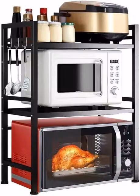 SPETLEK 3 Tier Expandable Microwave Rack Stand in Black with Adjustable Shelves – 1