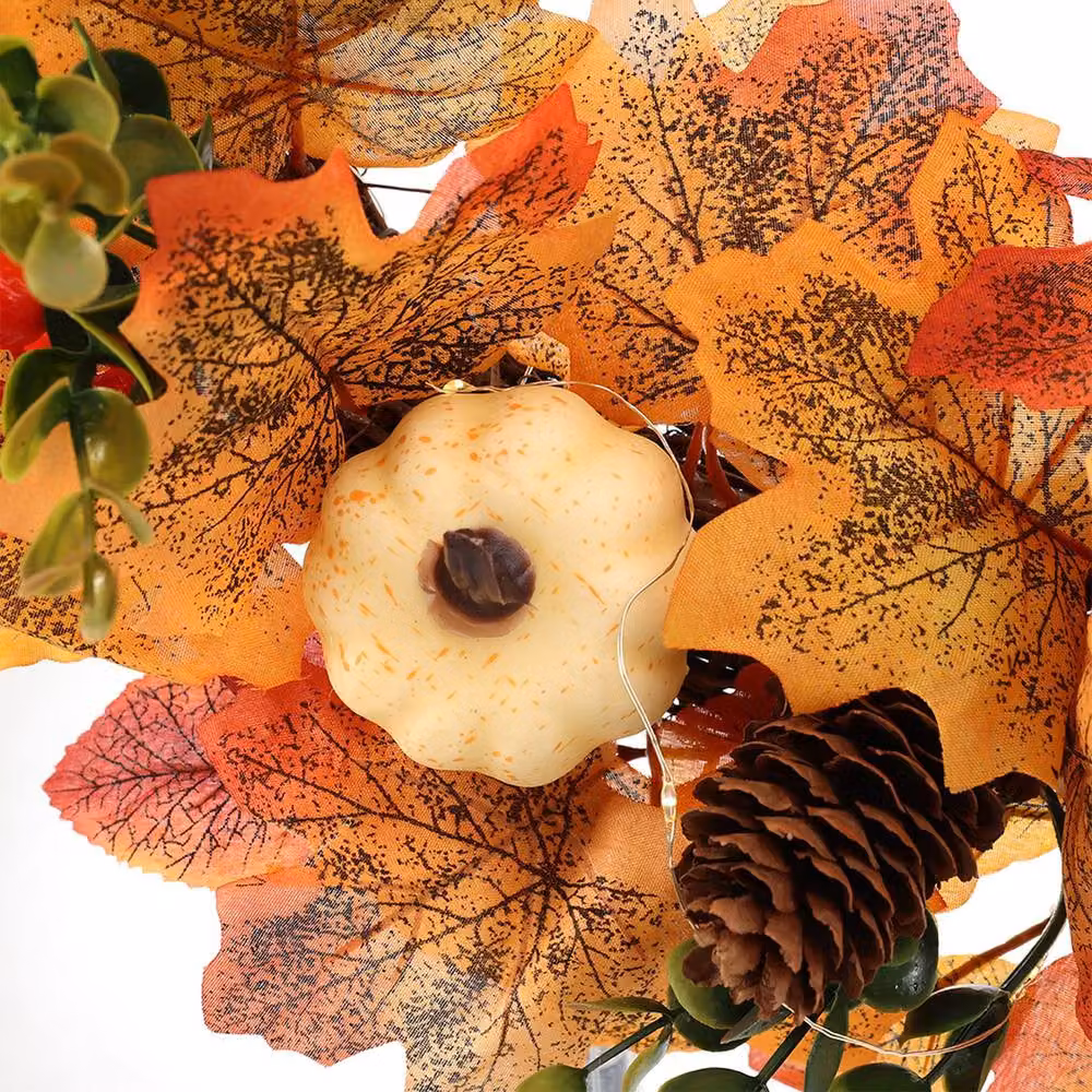 Garden Sanctuary Autumn Floral Front Door Wreath with White and Orange Pumpkins – 6