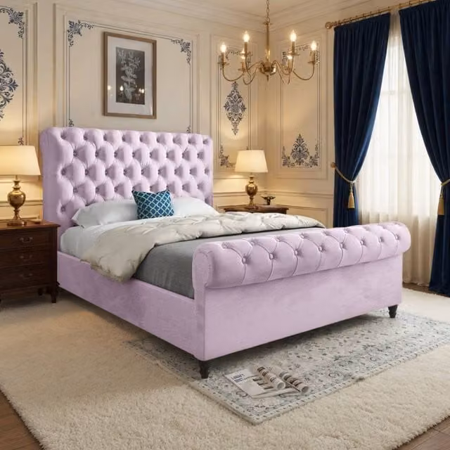 KDMD Welshampton Sleigh Upholstered Designer Bed Frame in Pink Soft Velvet, Size: Double (140 x 200 cm)