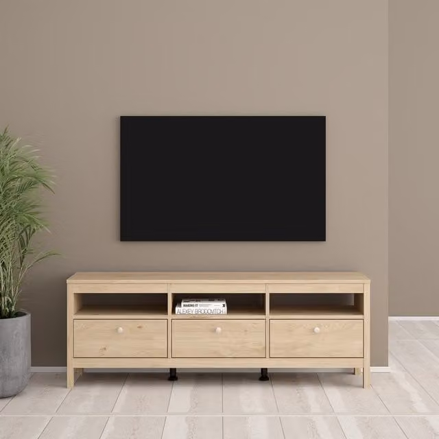Furniture To Go Madrid Modern TV Unit with 3 Drawers in Matt Black and Jackson Hickory Oak