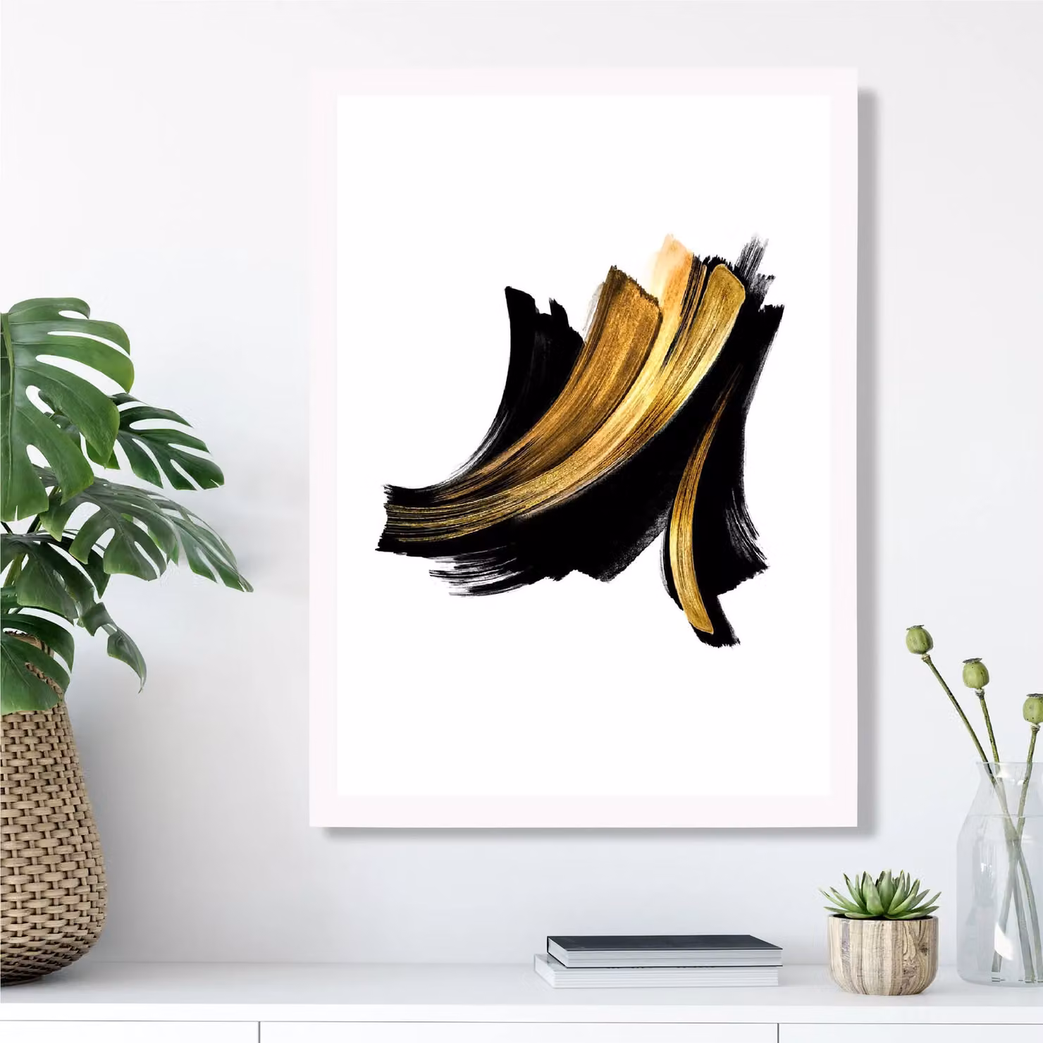 ARTZE Abstract Black and Gold Paint Strokes Framed Print in White Frame, A4 or A2 – 2
