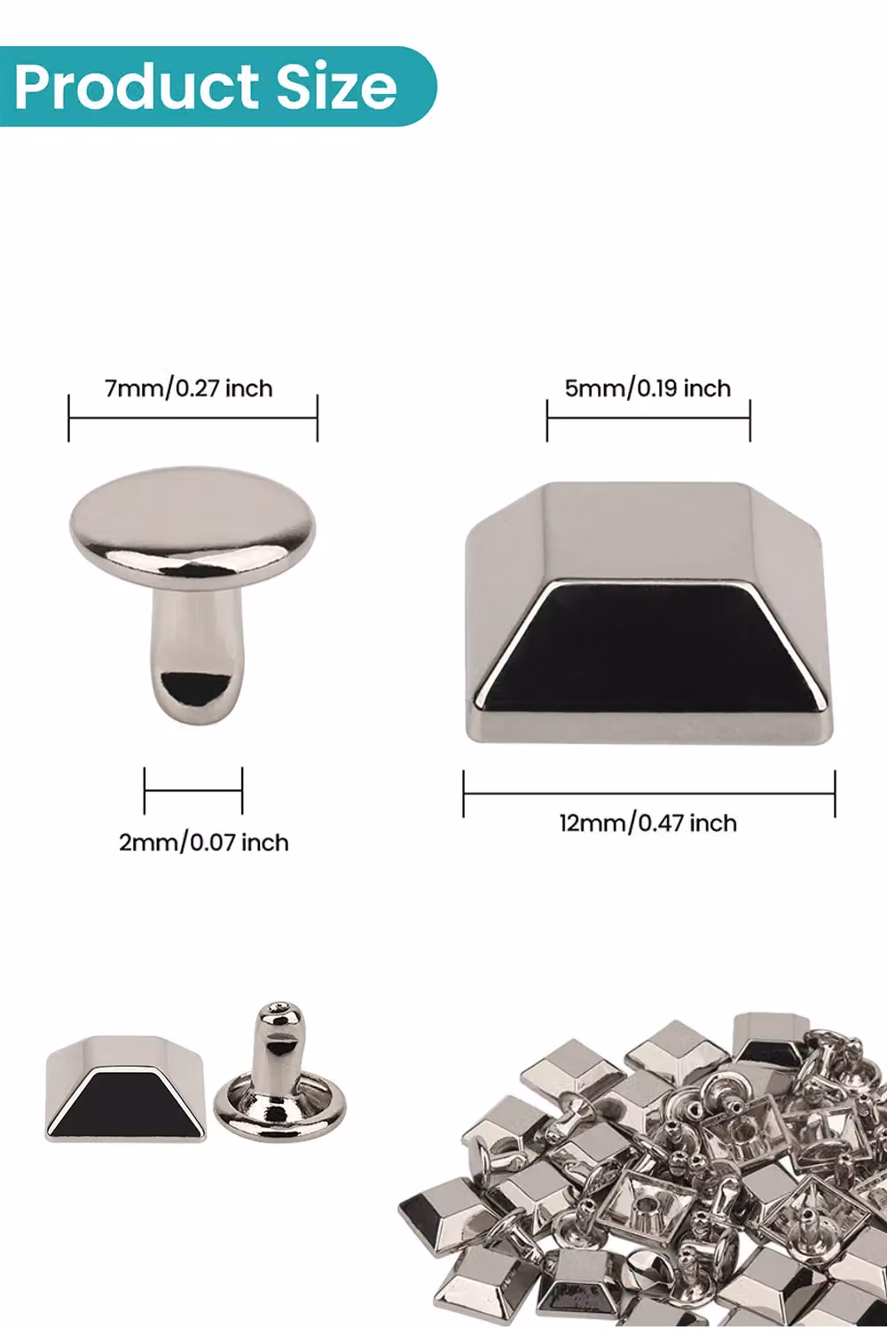 Neel Blue 25pcs Silver Alloy Pyramid Feet Caps with 7mm Back Rivets, 12mm – 2