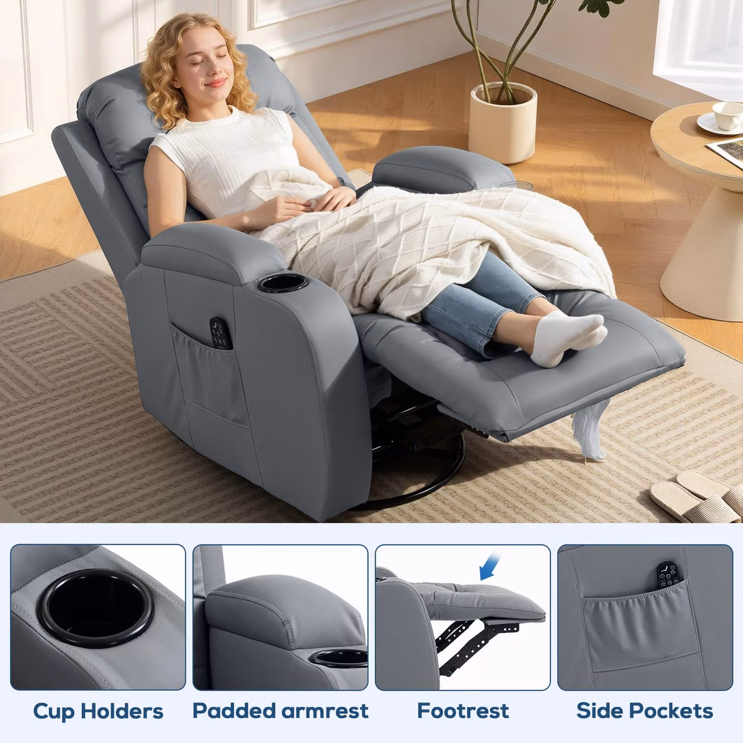 HOMCOM Grey PU Leather Massage Recliner Armchair with Swivel and Manual Lever Function – 7