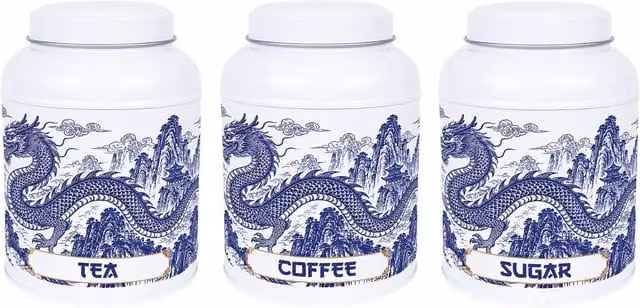 Purely Home Dragon Temple Coffee Canister with Domed Lid, Blue and White Metal Kitchen Storage Tin