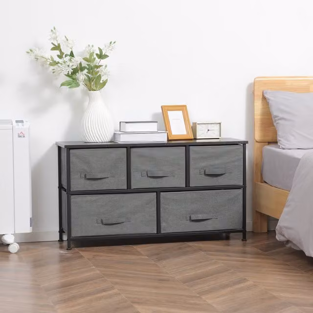 HOMCOM 5 Drawer Fabric and Metal Chest of Drawers in Dark Grey