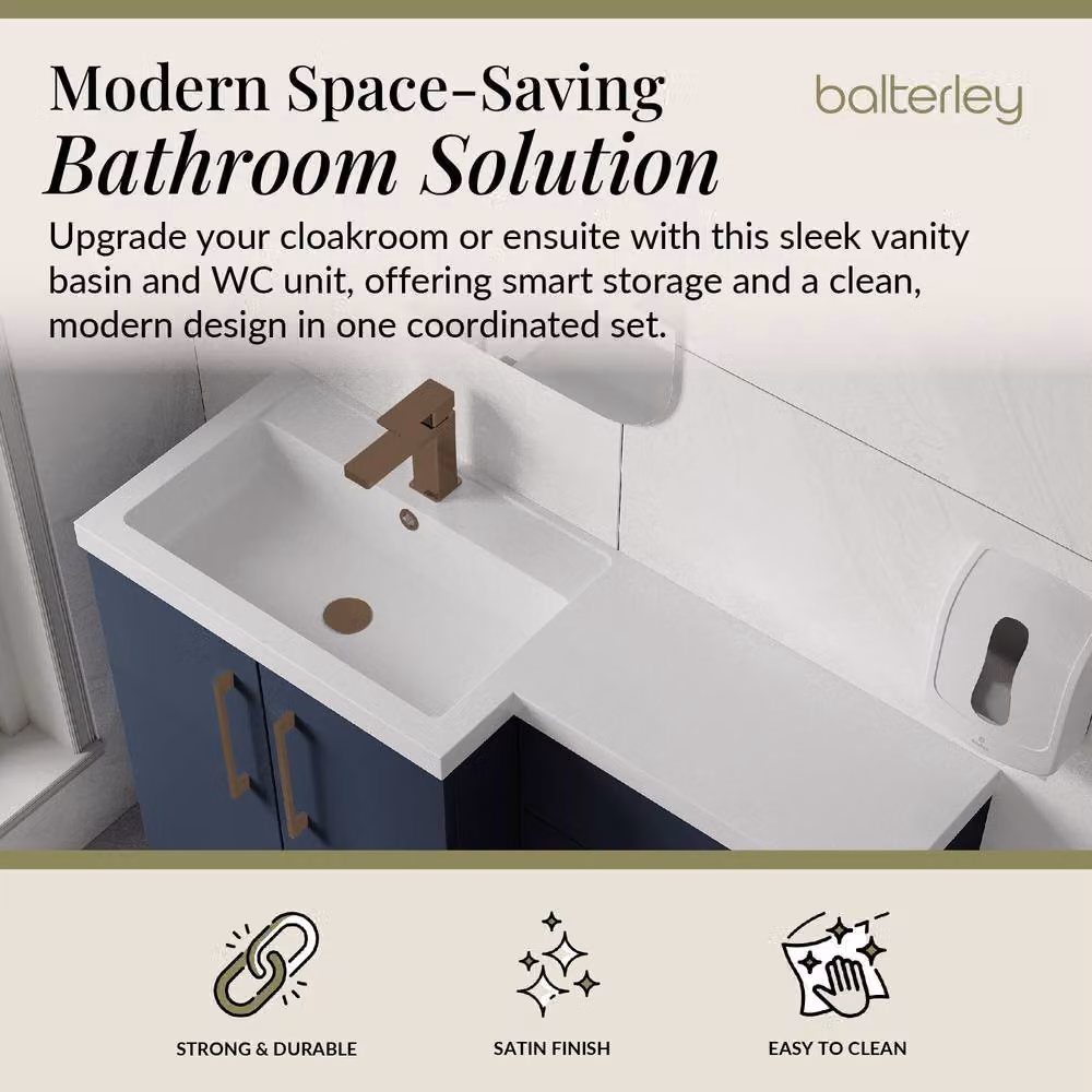 Balterley Blue Matt Left-Hand Vanity and WC Unit Combination with Brushed Bronze Details, W: 110 cm, H: 84 cm – 2