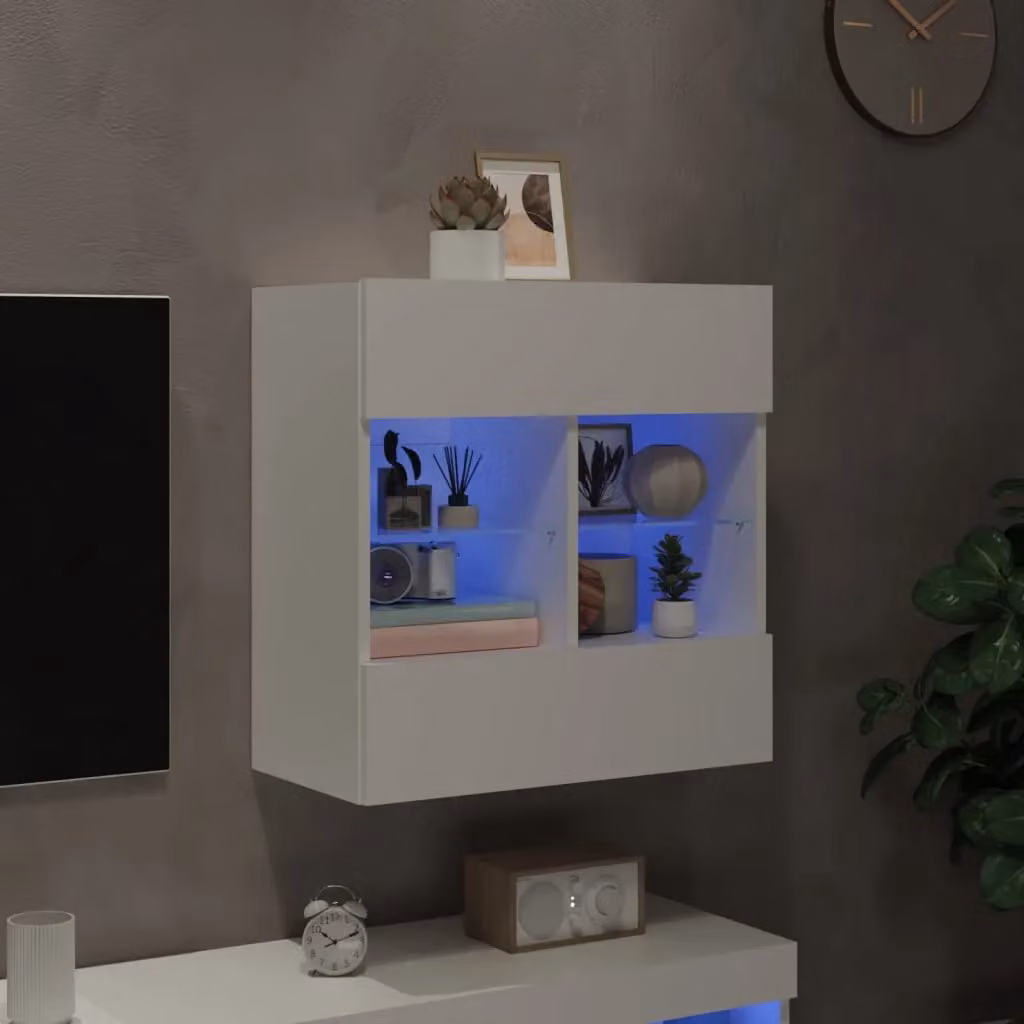 Berkfield Home Modern White Wall Mounted TV Cabinet with LED Lighting and Glass Doors, W: 58.5 cm, D: 30.0 cm, H: 60.5 cm – 3