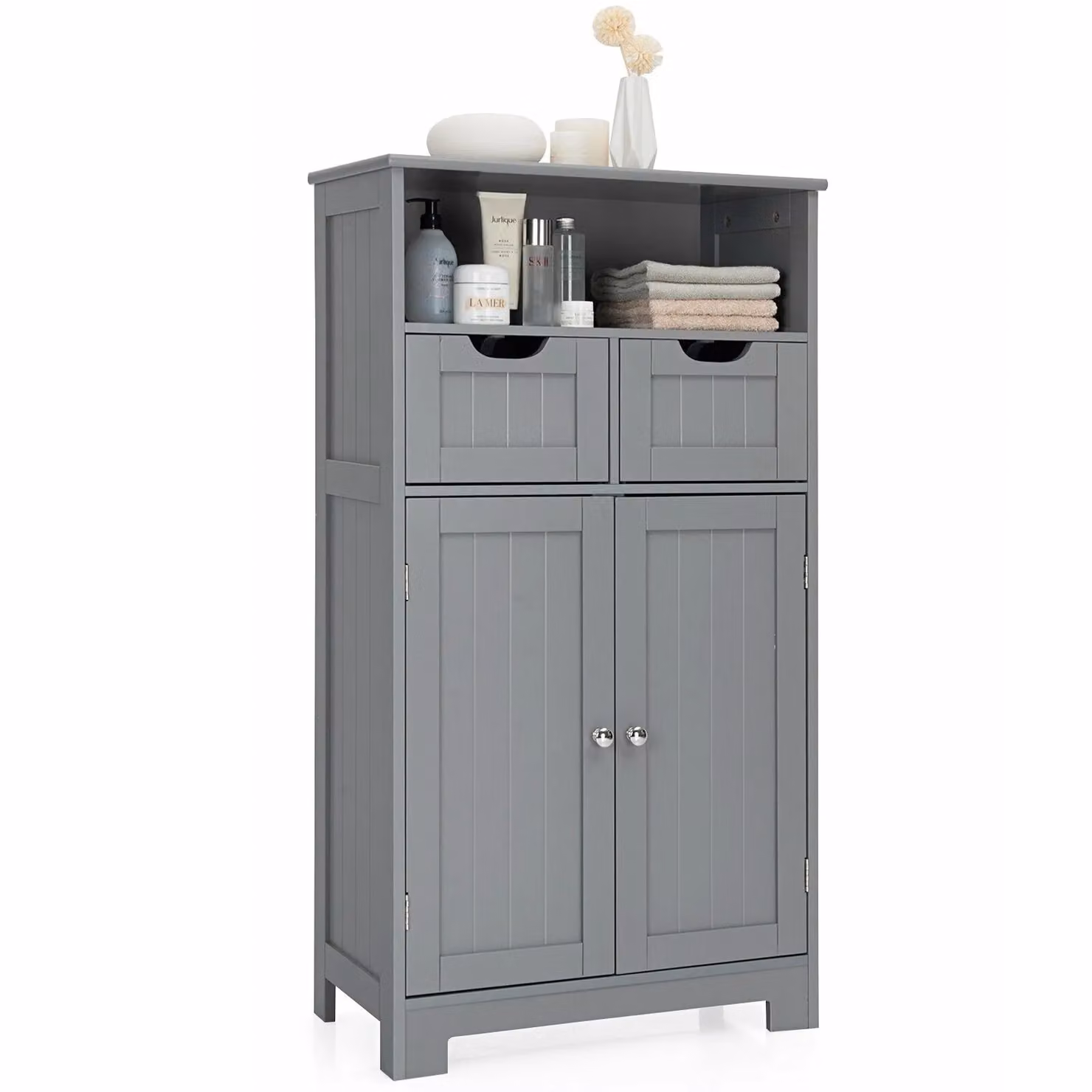 Costway Grey Wooden Bathroom Floor Cabinet with Adjustable Internal Shelves and Hinged Doors – 3