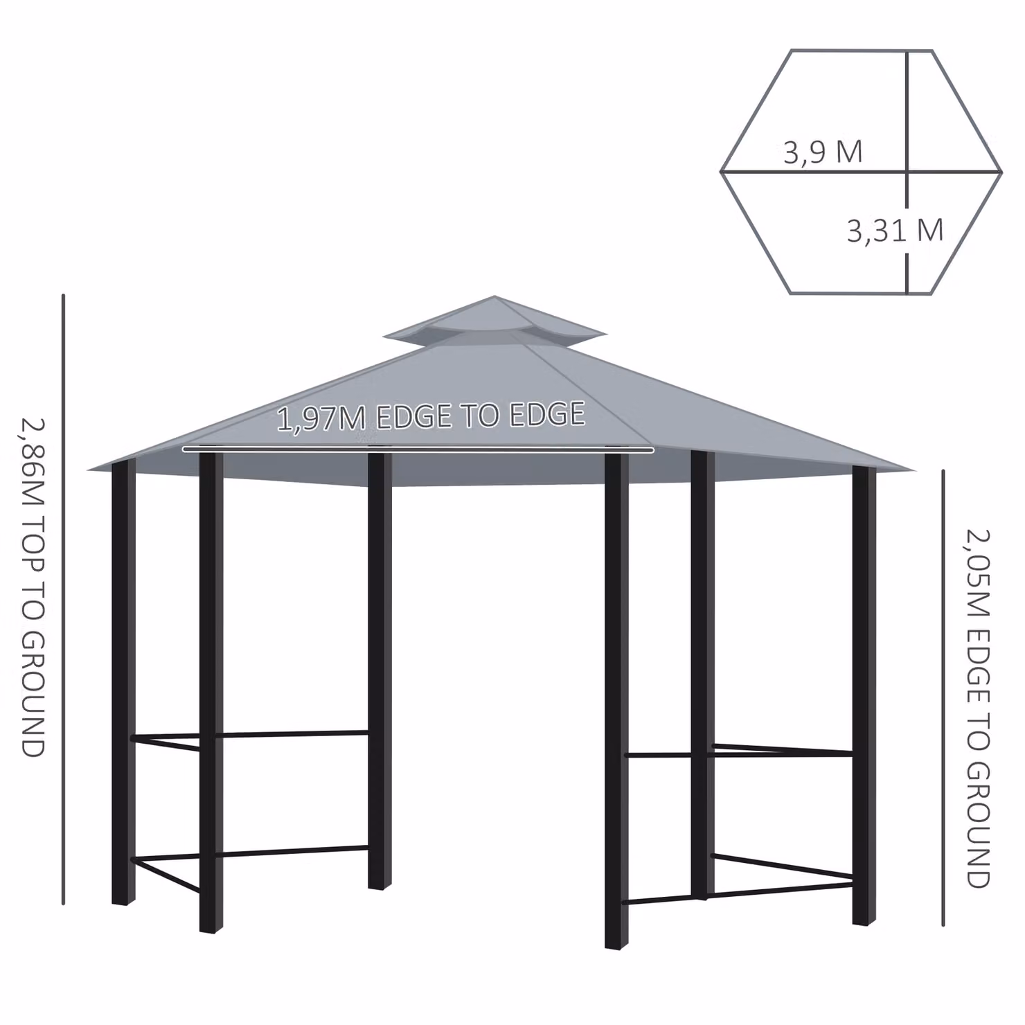 Outsunny Hexagonal Garden Gazebo Party Tent with Double-Tier Roof and Netting Side Panels, Grey – 3